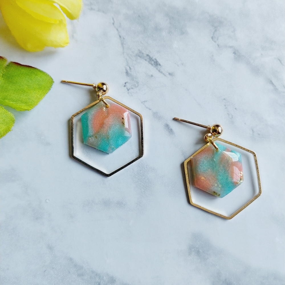 OpalGlaze Earrings Turquoise Pink Gold Hand made Earrings